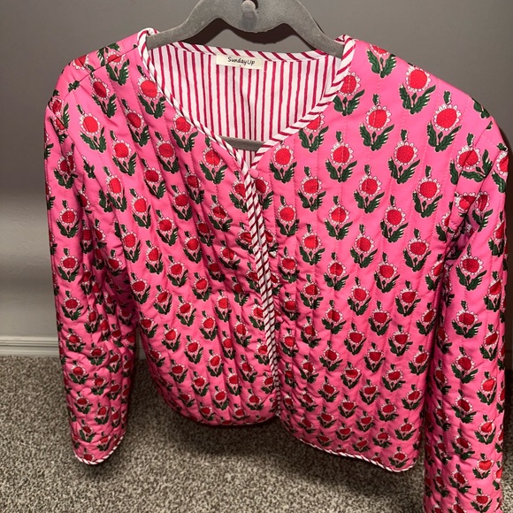Sunday Up Unisex Indian Pink Floral Quilted Jacket L - Picture 7 of 7